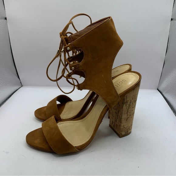 Schutz Womens Cruz Lace-Up Cuff Sandal $220 New Saddle Brown Size 6B Cork Heel - Picture 3 of 9